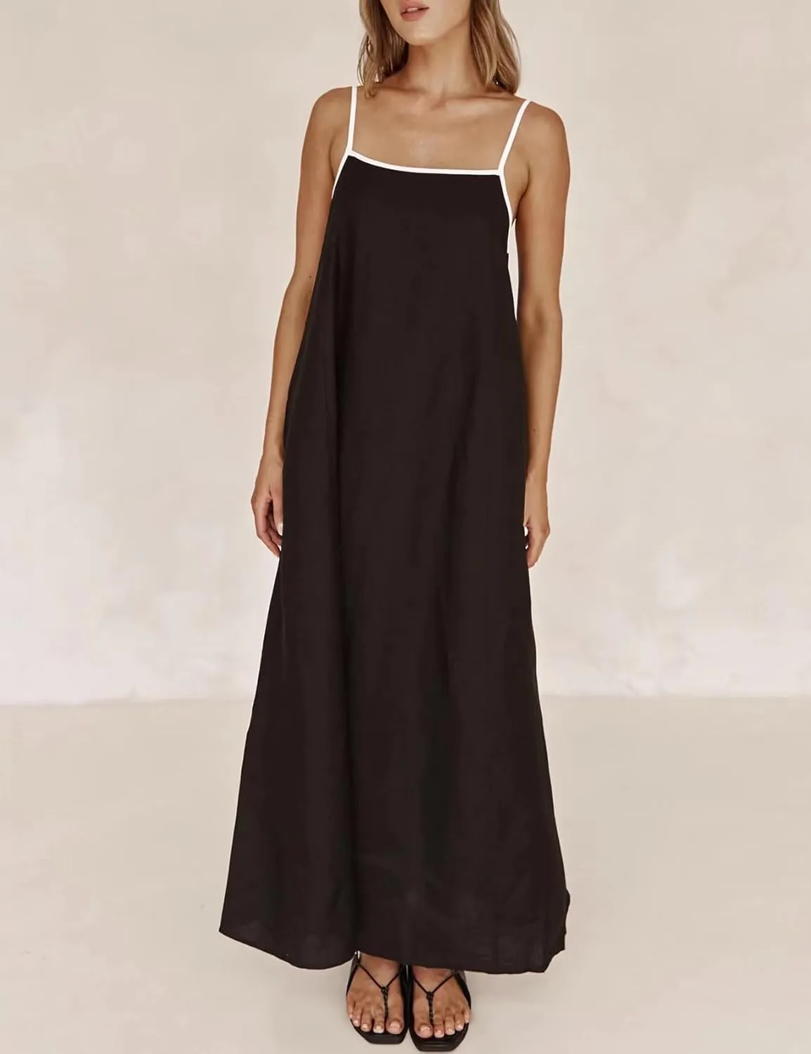 Womens Summer Linen Maxi Dress Contrast Trim Spaghetti Straps Backless Sleeveless Long Flowy Dresses