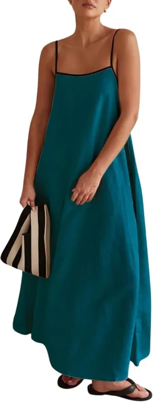 Womens Summer Linen Maxi Dress Contrast Trim Spaghetti Straps Backless Sleeveless Long Flowy Dresses
