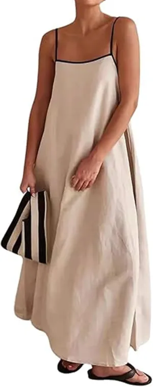 Womens Summer Linen Maxi Dress Contrast Trim Spaghetti Straps Backless Sleeveless Long Flowy Dresses
