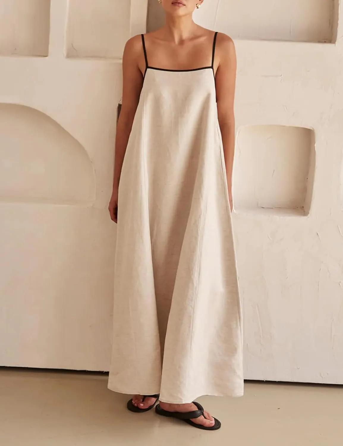 Womens Summer Linen Maxi Dress Contrast Trim Spaghetti Straps Backless Sleeveless Long Flowy Dresses