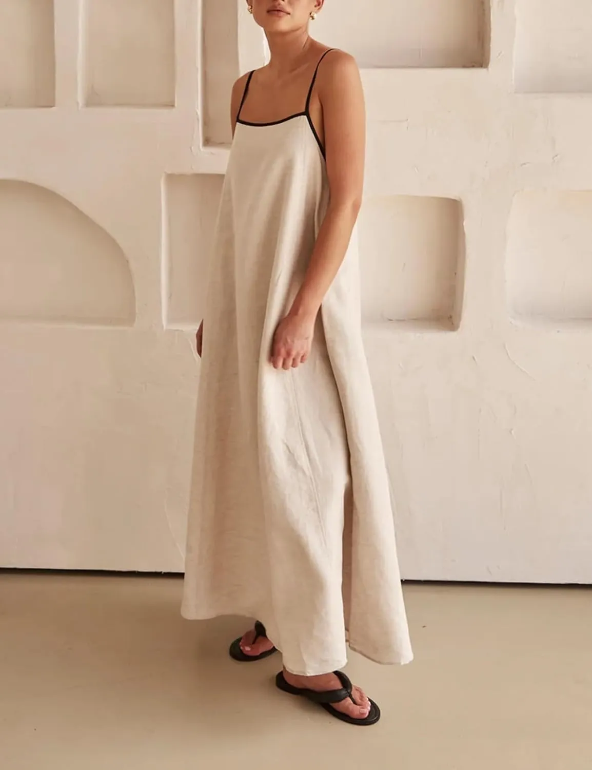 Womens Summer Linen Maxi Dress Contrast Trim Spaghetti Straps Backless Sleeveless Long Flowy Dresses