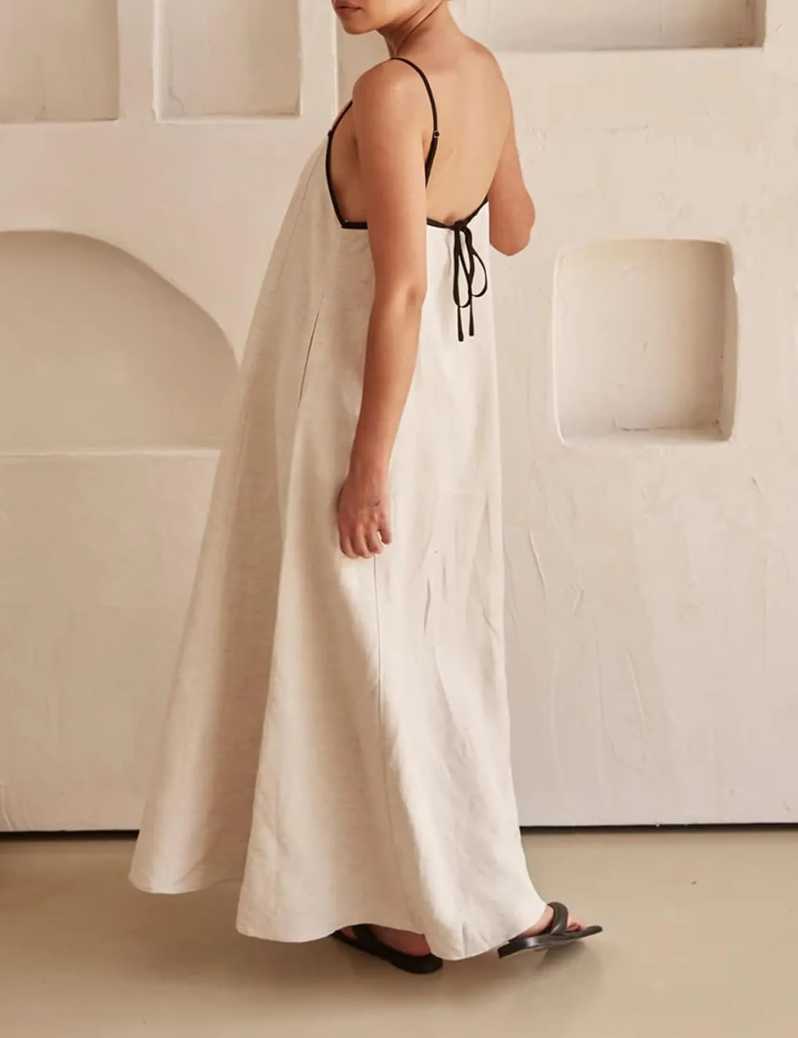 Womens Summer Linen Maxi Dress Contrast Trim Spaghetti Straps Backless Sleeveless Long Flowy Dresses
