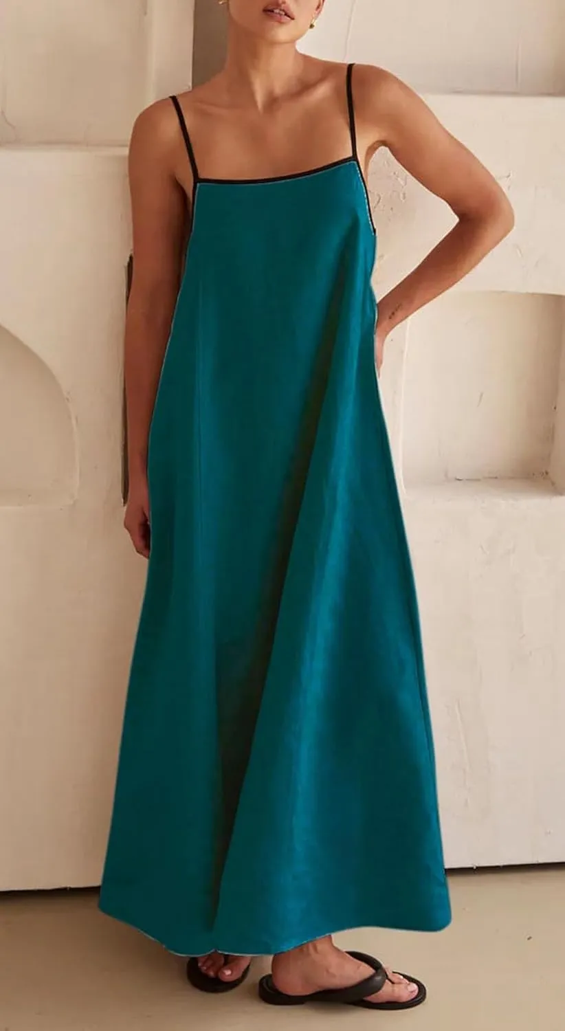 Womens Summer Linen Maxi Dress Contrast Trim Spaghetti Straps Backless Sleeveless Long Flowy Dresses
