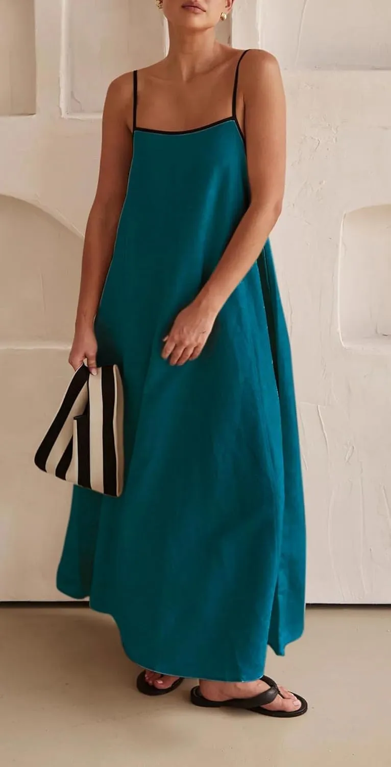 Womens Summer Linen Maxi Dress Contrast Trim Spaghetti Straps Backless Sleeveless Long Flowy Dresses