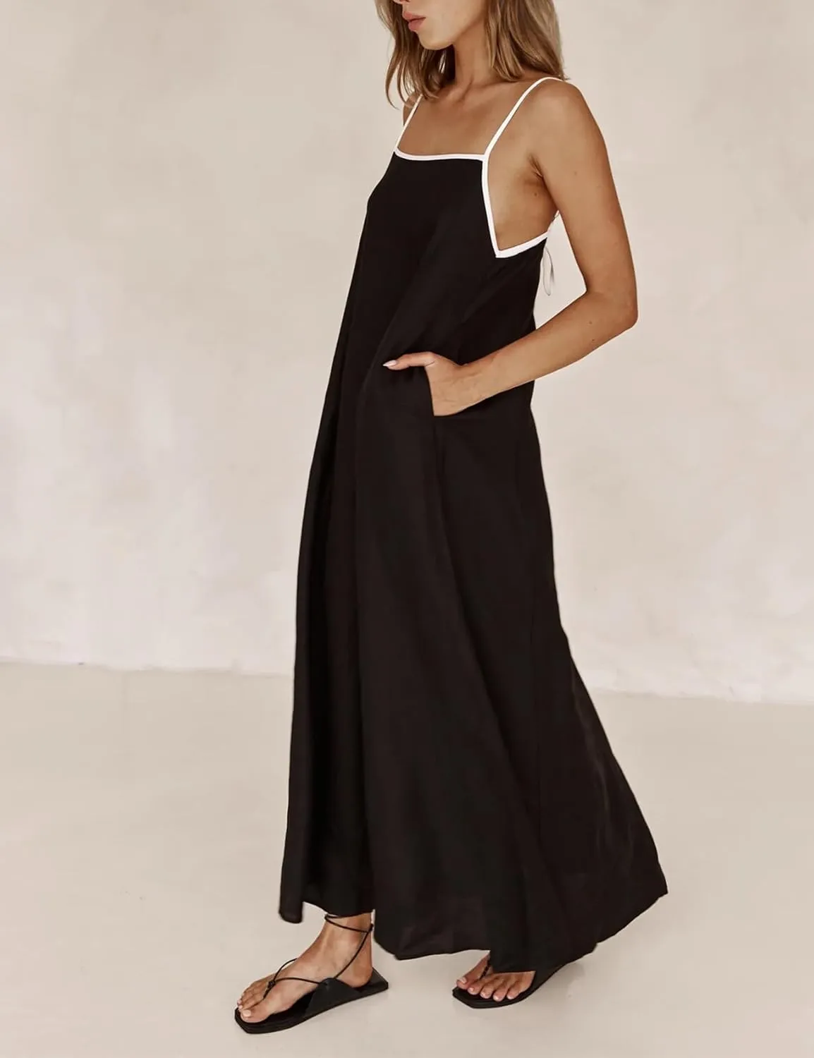 Womens Summer Linen Maxi Dress Contrast Trim Spaghetti Straps Backless Sleeveless Long Flowy Dresses