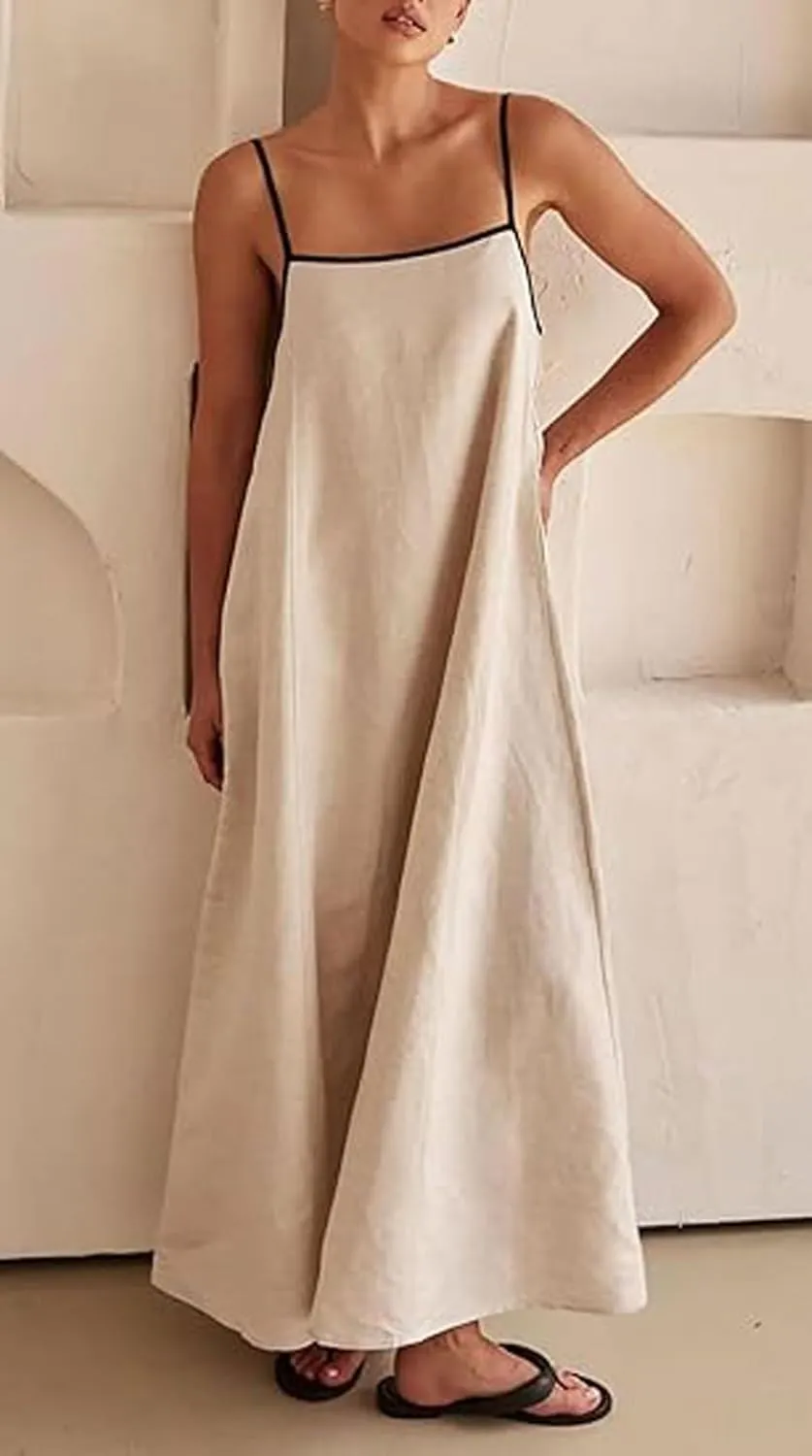 Womens Summer Linen Maxi Dress Contrast Trim Spaghetti Straps Backless Sleeveless Long Flowy Dresses