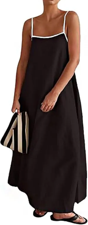 Womens Summer Linen Maxi Dress Contrast Trim Spaghetti Straps Backless Sleeveless Long Flowy Dresses