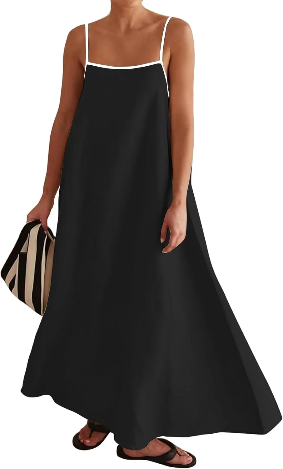 Womens Summer Linen Maxi Dress Contrast Trim Spaghetti Straps Backless Sleeveless Long Flowy Dresses