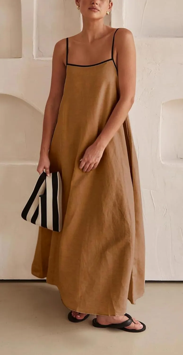 Womens Summer Linen Maxi Dress Contrast Trim Spaghetti Straps Backless Sleeveless Long Flowy Dresses
