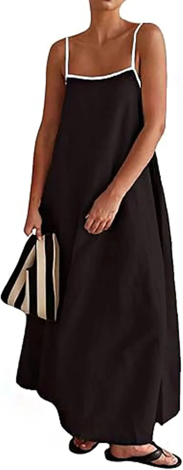 Womens Summer Linen Maxi Dress Contrast Trim Spaghetti Straps Backless Sleeveless Long Flowy Dresses