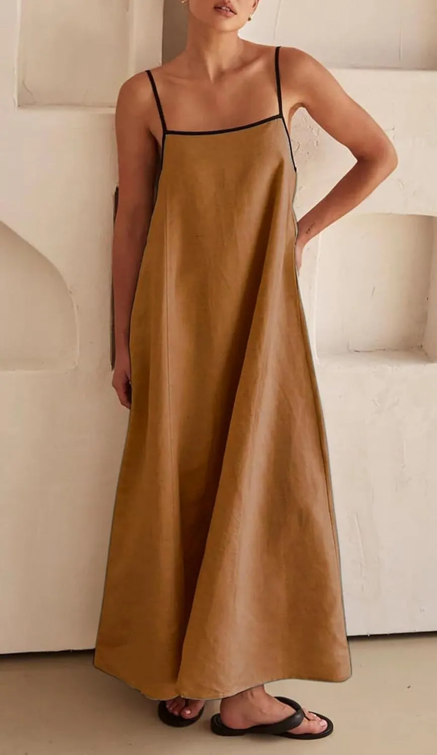 Womens Summer Linen Maxi Dress Contrast Trim Spaghetti Straps Backless Sleeveless Long Flowy Dresses