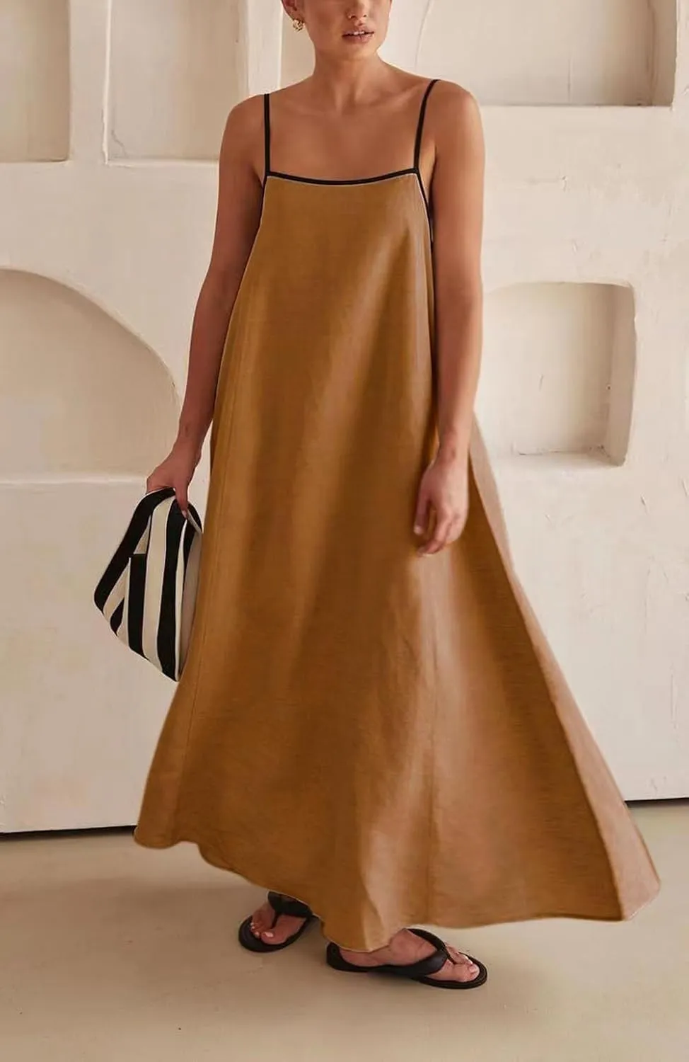 Womens Summer Linen Maxi Dress Contrast Trim Spaghetti Straps Backless Sleeveless Long Flowy Dresses