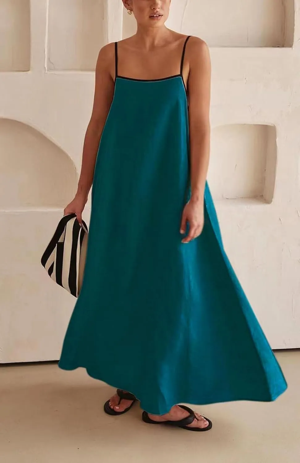 Womens Summer Linen Maxi Dress Contrast Trim Spaghetti Straps Backless Sleeveless Long Flowy Dresses