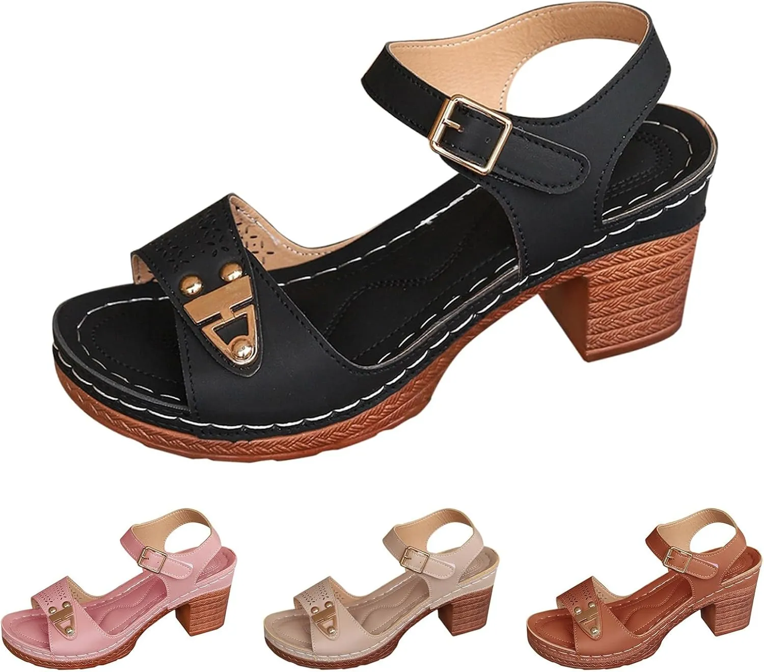 Women's Summer Sandals With Thick Heels Round Toe Buckle Fish Mouth Roman Sandals High Heels Womens Strap