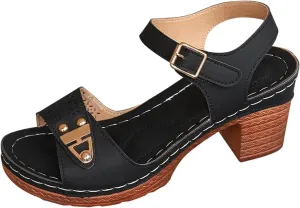 Women's Summer Sandals With Thick Heels Round Toe Buckle Fish Mouth Roman Sandals High Heels Womens Strap
