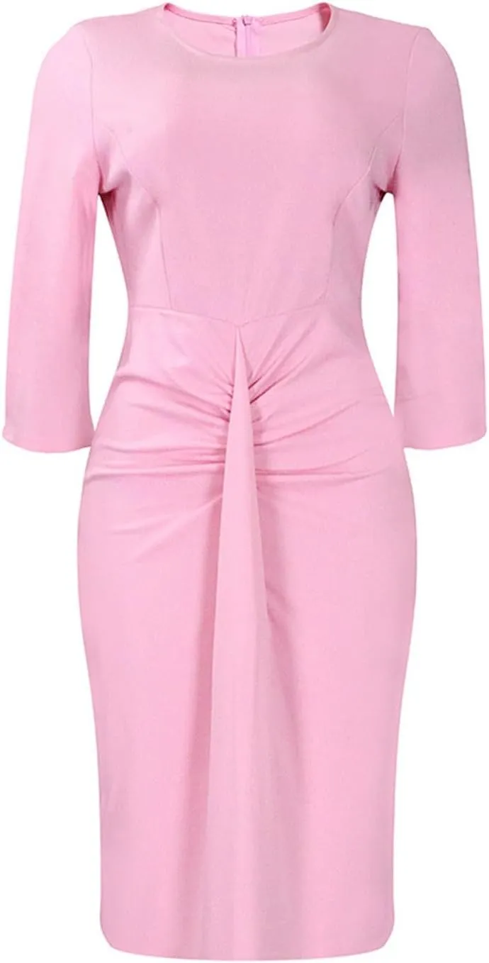 Women's Summer Soild Midi Bodycon Dresses Half Puff Sleeve Ruched Bodycon Cocktail Party Pencil Formal Dress