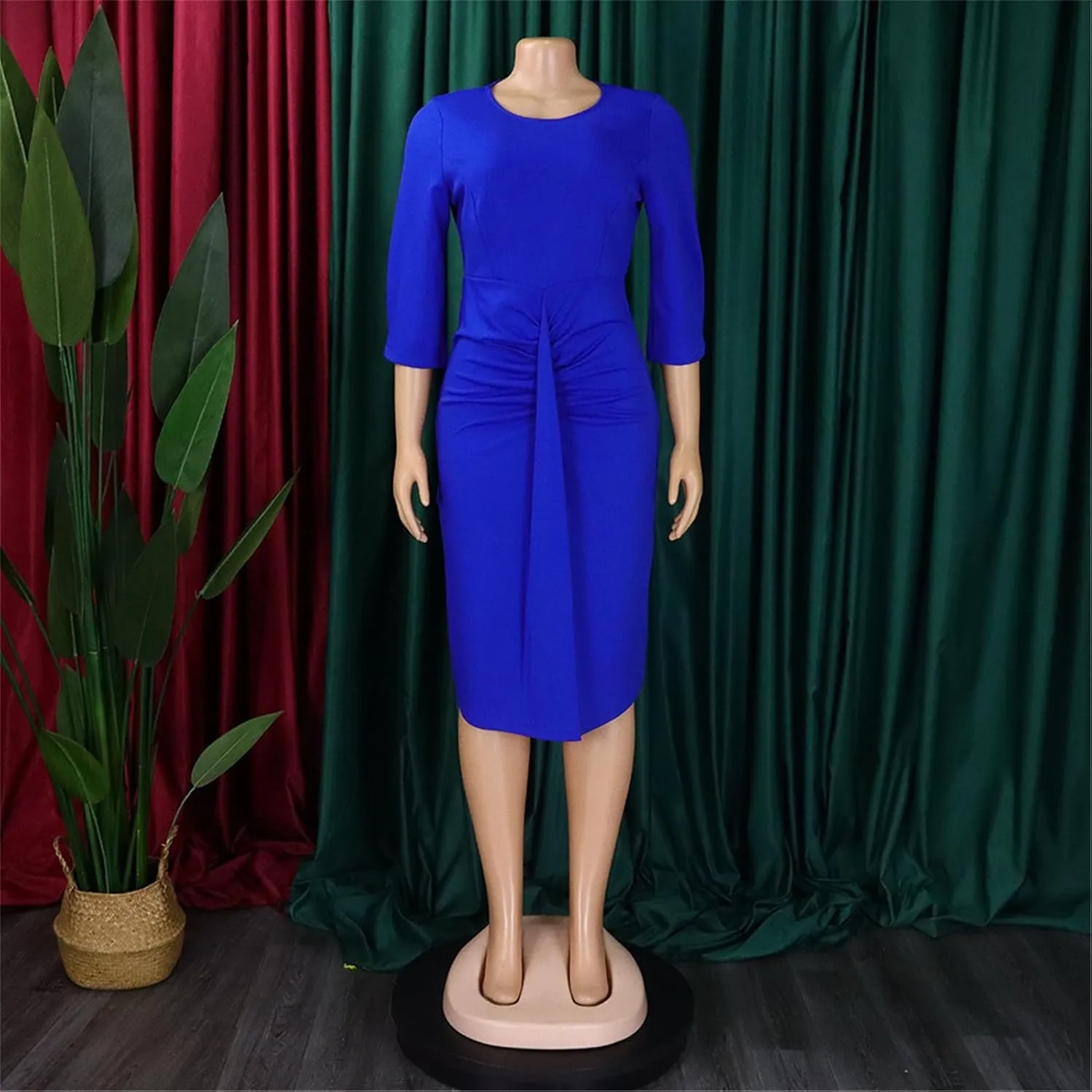 Women's Summer Soild Midi Bodycon Dresses Half Puff Sleeve Ruched Bodycon Cocktail Party Pencil Formal Dress