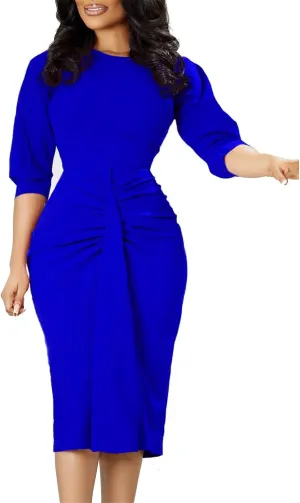 Women's Summer Soild Midi Bodycon Dresses Half Puff Sleeve Ruched Bodycon Cocktail Party Pencil Formal Dress