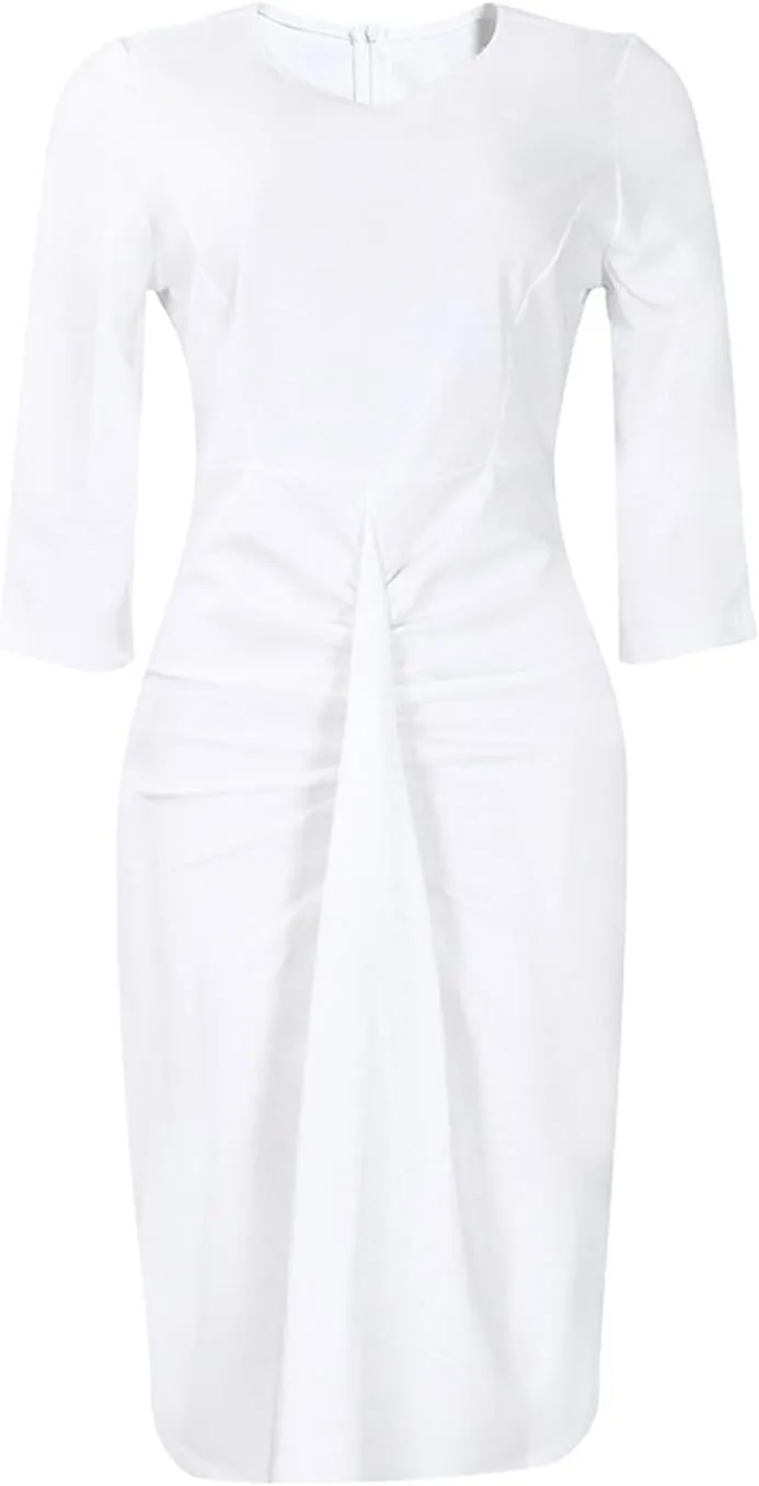 Women's Summer Soild Midi Bodycon Dresses Half Puff Sleeve Ruched Bodycon Cocktail Party Pencil Formal Dress