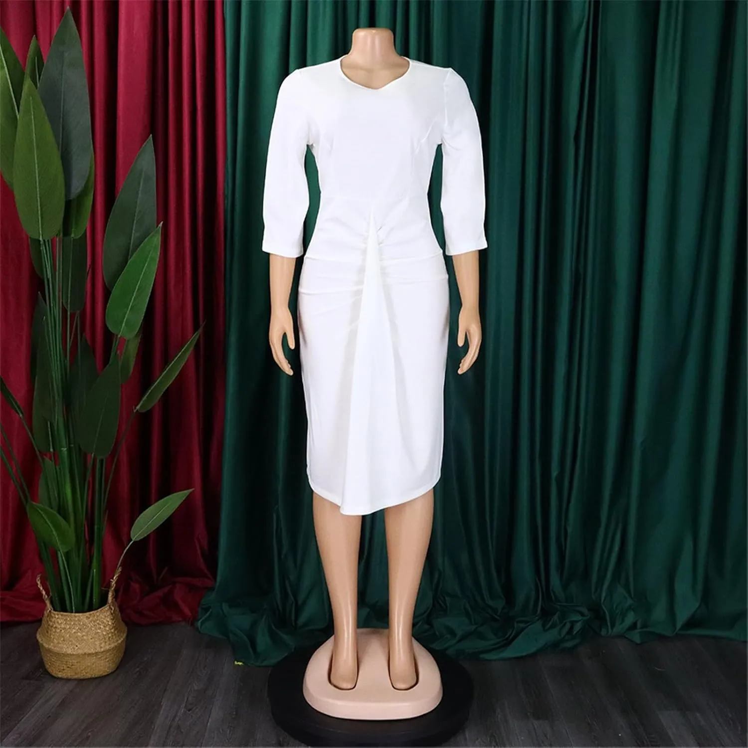 Women's Summer Soild Midi Bodycon Dresses Half Puff Sleeve Ruched Bodycon Cocktail Party Pencil Formal Dress
