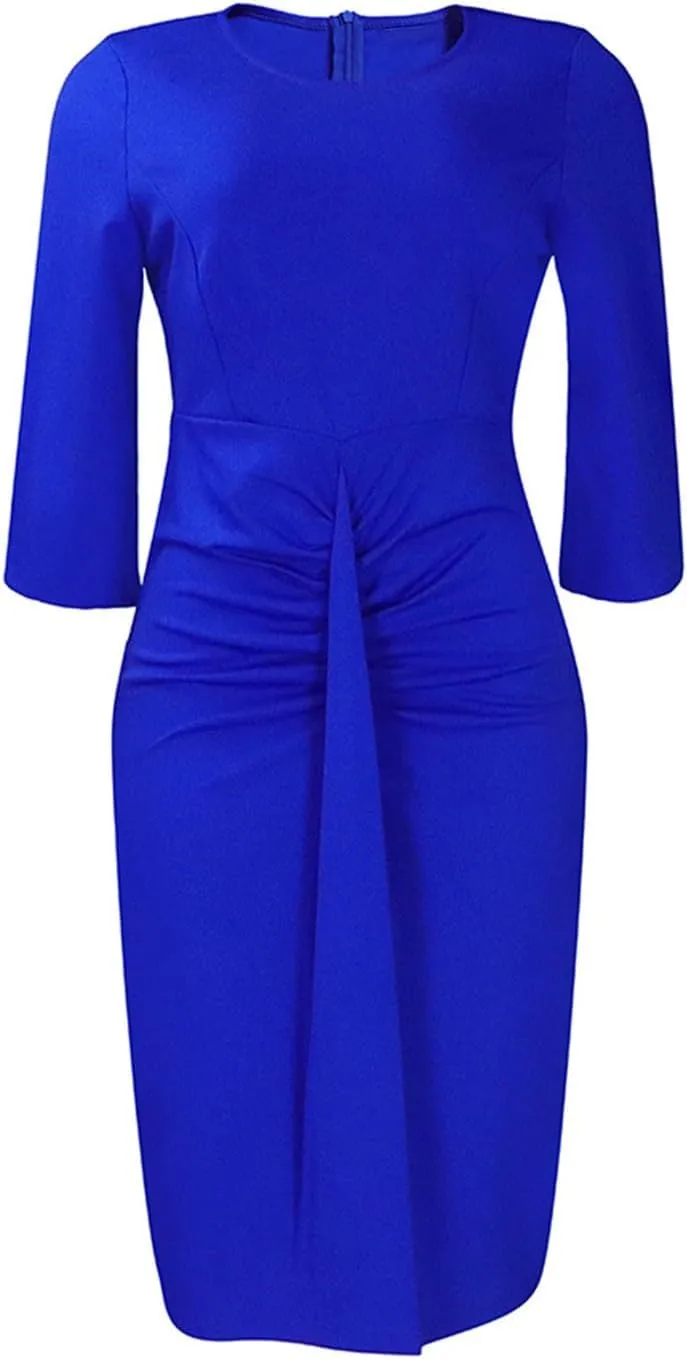 Women's Summer Soild Midi Bodycon Dresses Half Puff Sleeve Ruched Bodycon Cocktail Party Pencil Formal Dress
