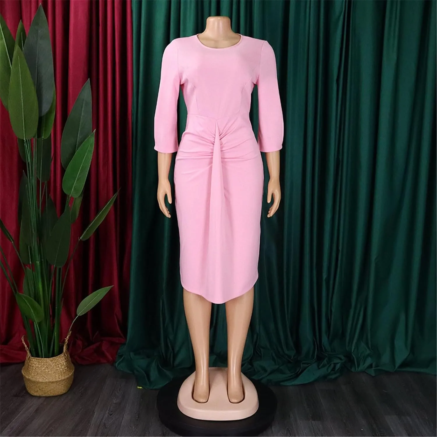 Women's Summer Soild Midi Bodycon Dresses Half Puff Sleeve Ruched Bodycon Cocktail Party Pencil Formal Dress