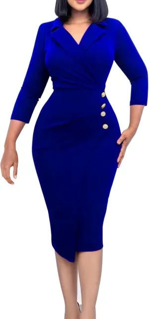 Women's Summer Soild Midi Bodycon Dresses Half Puff Sleeve Ruched Bodycon Cocktail Party Pencil Formal Dress