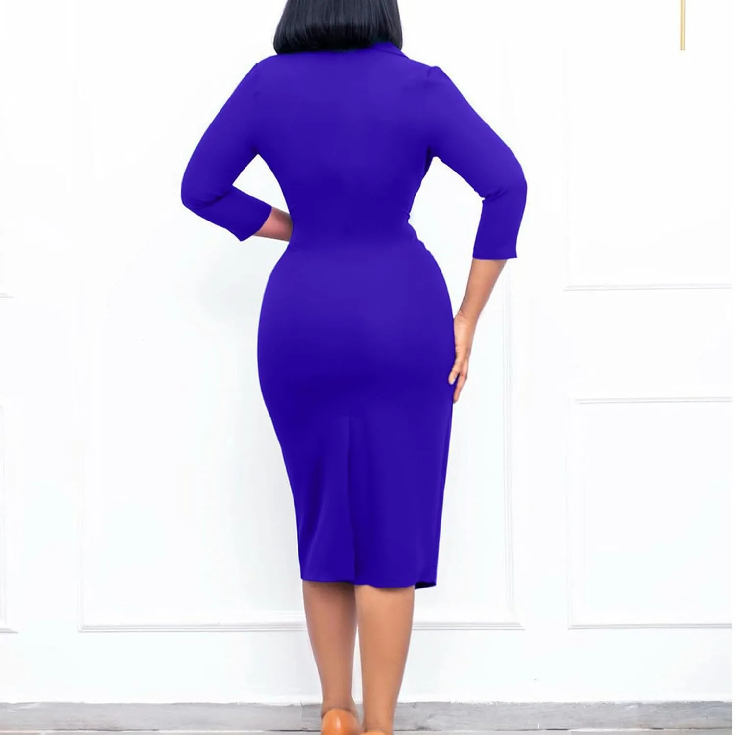 Women's Summer Soild Midi Bodycon Dresses Half Puff Sleeve Ruched Bodycon Cocktail Party Pencil Formal Dress
