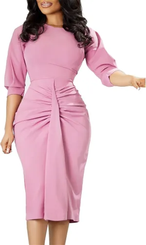 Women's Summer Soild Midi Bodycon Dresses Half Puff Sleeve Ruched Bodycon Cocktail Party Pencil Formal Dress