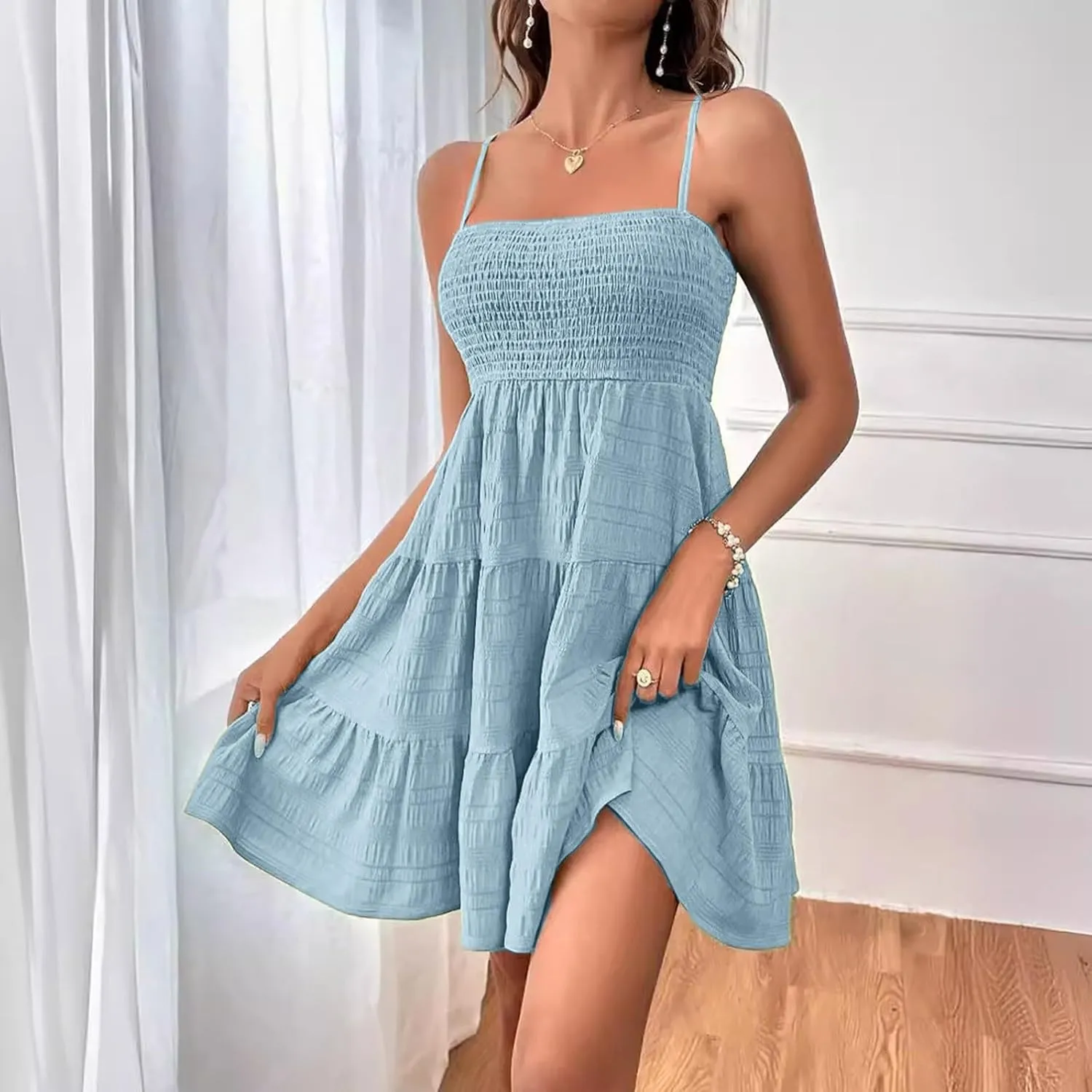 Women's Sundress Smock Cami Mini Dress Sleeveless Swing A Line Short Dresses Ruffle Casual Cute Summer Dresses