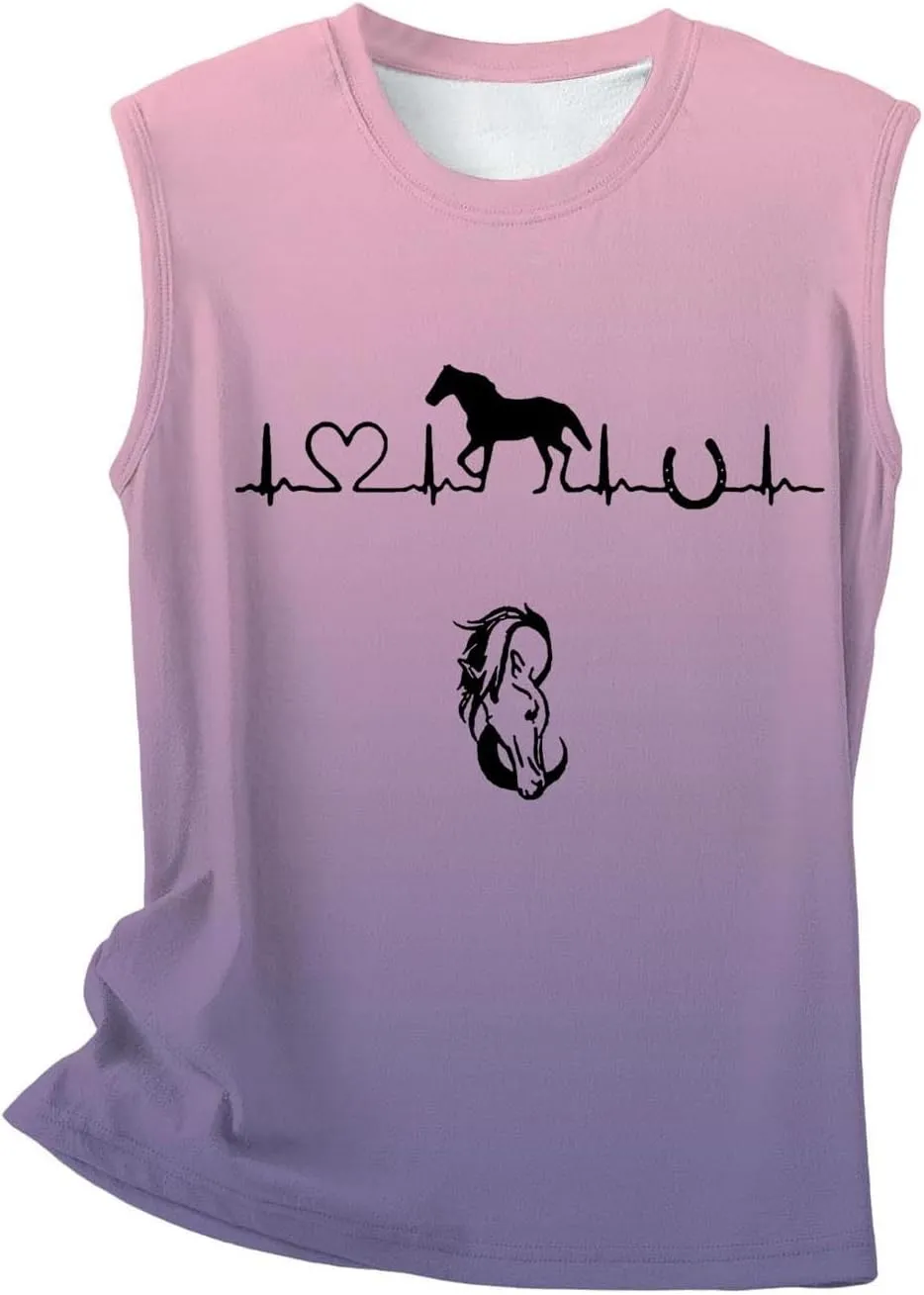 Womens Tank Tops Funny Horse Graphic Tees Summer Casual Loose Fit Crew Neck Sleeveless Shirt