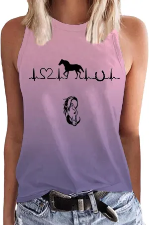 Womens Tank Tops Funny Horse Graphic Tees Summer Casual Loose Fit Crew Neck Sleeveless Shirt