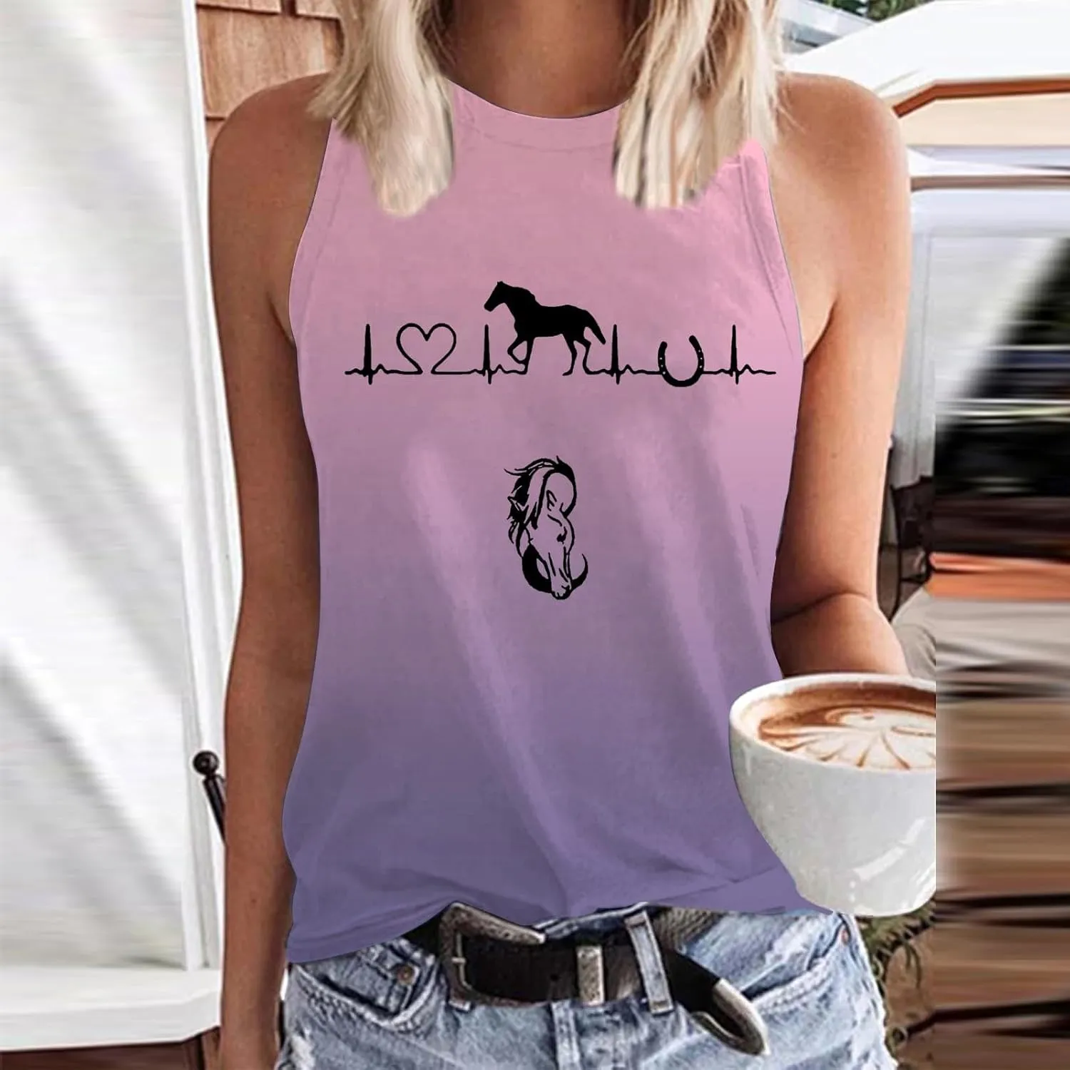 Womens Tank Tops Funny Horse Graphic Tees Summer Casual Loose Fit Crew Neck Sleeveless Shirt