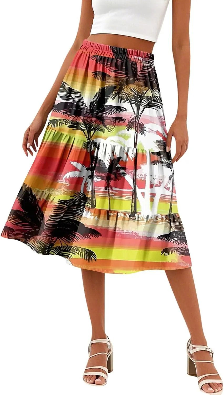 Women's Tiered Boho Floral Skirts midi Trendy 2025 high Elastic Waist a line Skirts Long Ruffle Flowy Vacation Skort