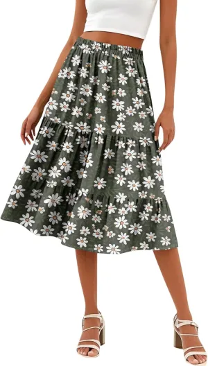 Women's Tiered Boho Floral Skirts midi Trendy 2025 high Elastic Waist a line Skirts Long Ruffle Flowy Vacation Skort