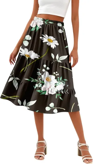 Women's Tiered Boho Floral Skirts midi Trendy 2025 high Elastic Waist a line Skirts Long Ruffle Flowy Vacation Skort