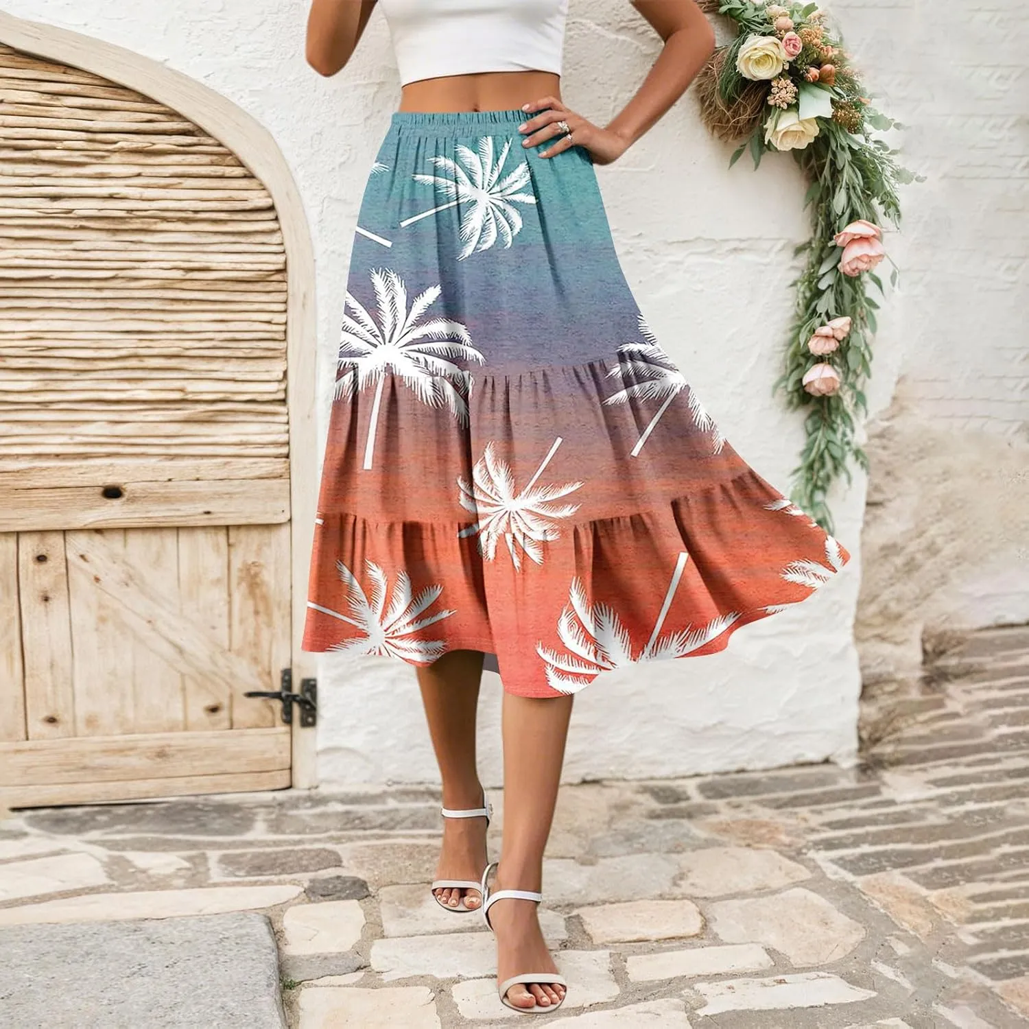 Women's Tiered Boho Floral Skirts midi Trendy 2025 high Elastic Waist a line Skirts Long Ruffle Flowy Vacation Skort