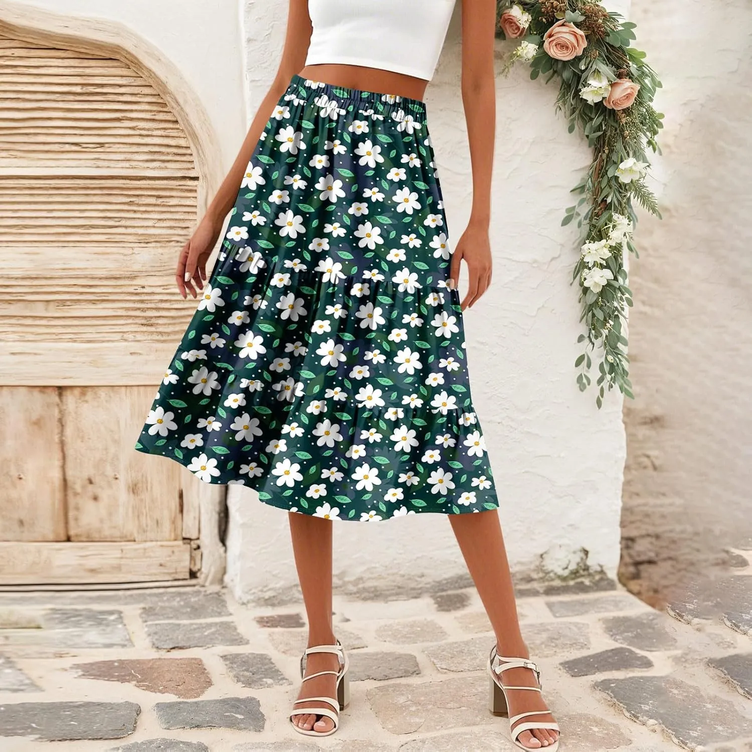 Women's Tiered Boho Floral Skirts midi Trendy 2025 high Elastic Waist a line Skirts Long Ruffle Flowy Vacation Skort
