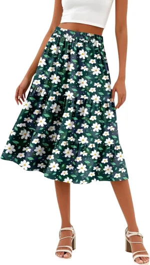 Women's Tiered Boho Floral Skirts midi Trendy 2025 high Elastic Waist a line Skirts Long Ruffle Flowy Vacation Skort