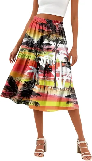 Women's Tiered Boho Floral Skirts midi Trendy 2025 high Elastic Waist a line Skirts Long Ruffle Flowy Vacation Skort