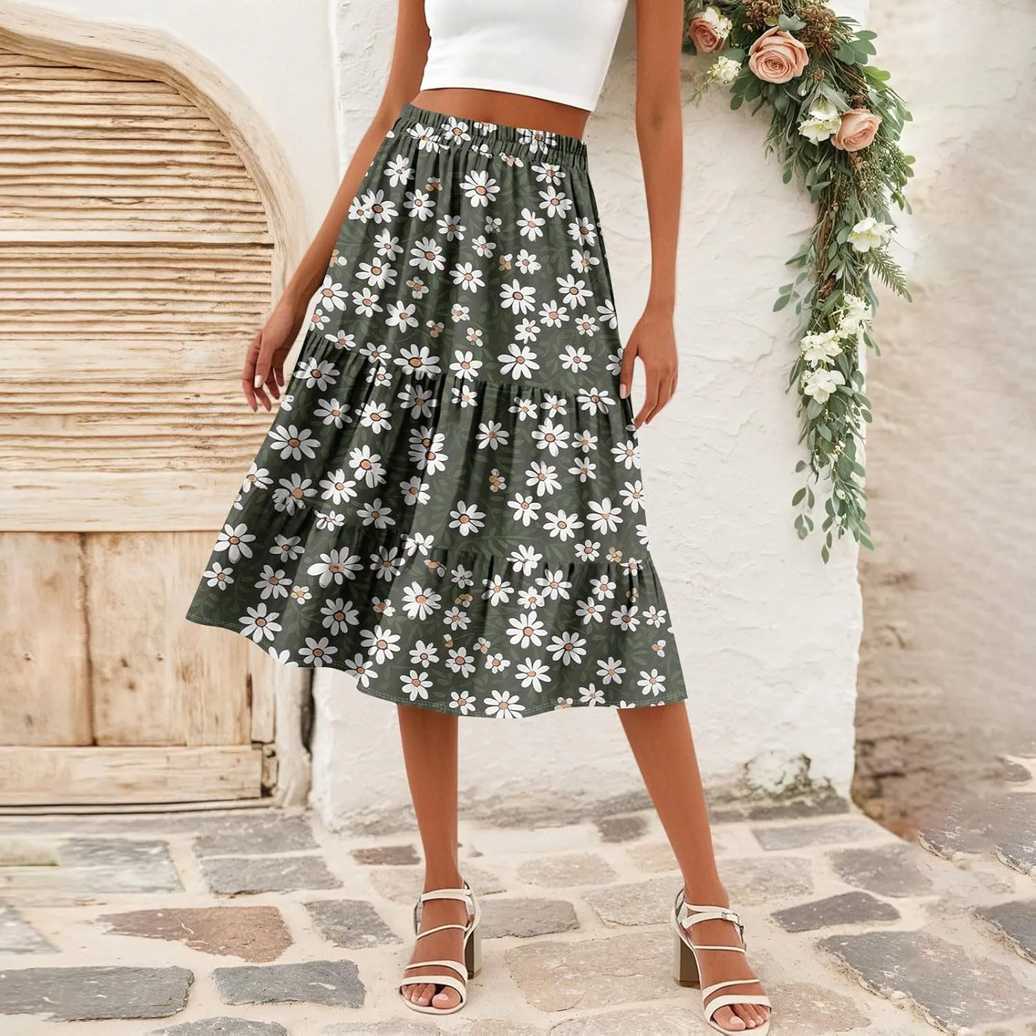 Women's Tiered Boho Floral Skirts midi Trendy 2025 high Elastic Waist a line Skirts Long Ruffle Flowy Vacation Skort