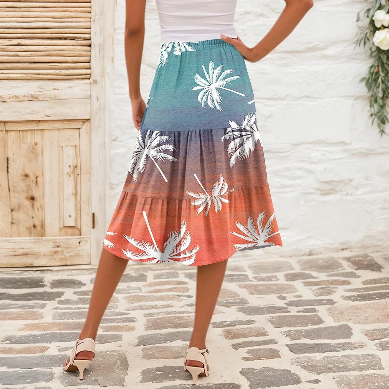 Women's Tiered Boho Floral Skirts midi Trendy 2025 high Elastic Waist a line Skirts Long Ruffle Flowy Vacation Skort