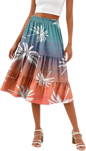 Women's Tiered Boho Floral Skirts midi Trendy 2025 high Elastic Waist a line Skirts Long Ruffle Flowy Vacation Skort