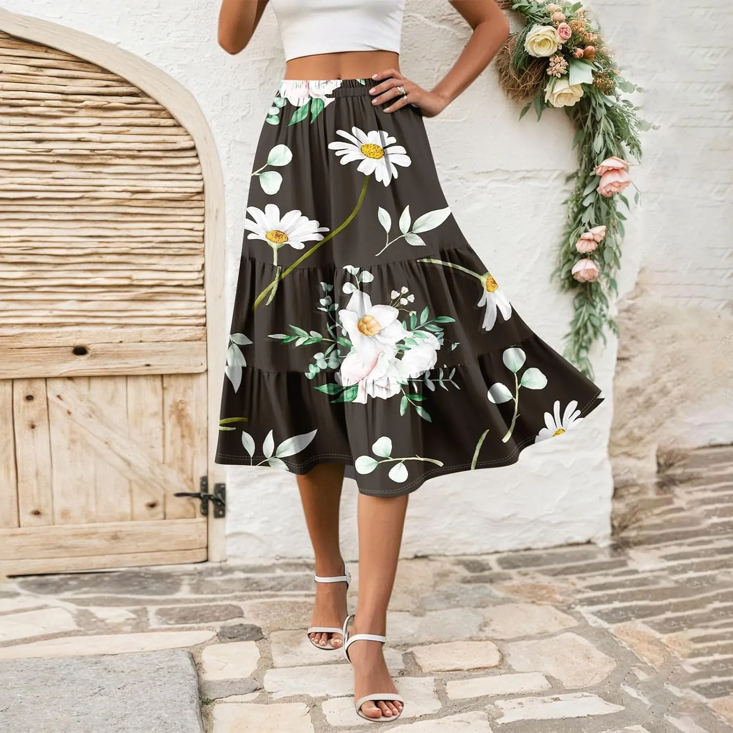 Women's Tiered Boho Floral Skirts midi Trendy 2025 high Elastic Waist a line Skirts Long Ruffle Flowy Vacation Skort