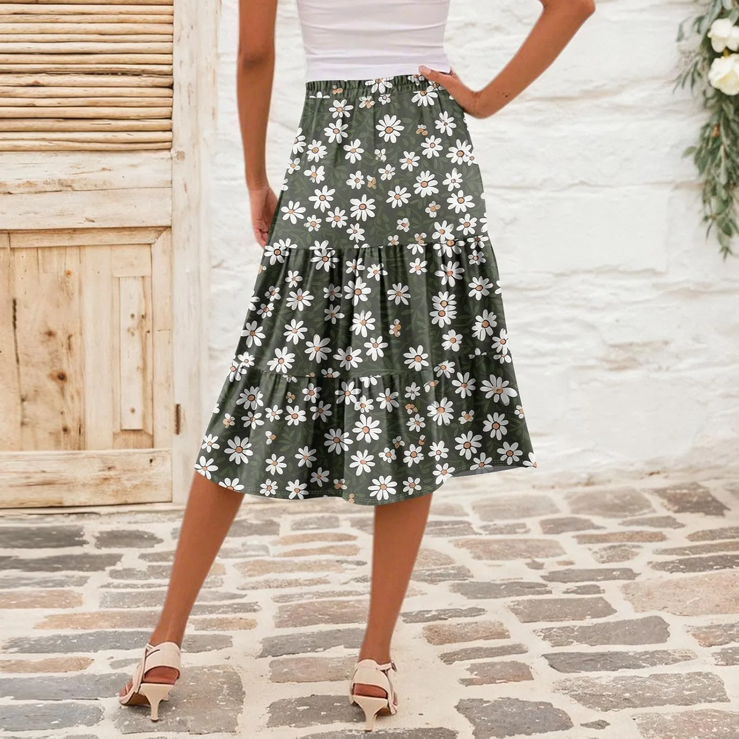 Women's Tiered Boho Floral Skirts midi Trendy 2025 high Elastic Waist a line Skirts Long Ruffle Flowy Vacation Skort