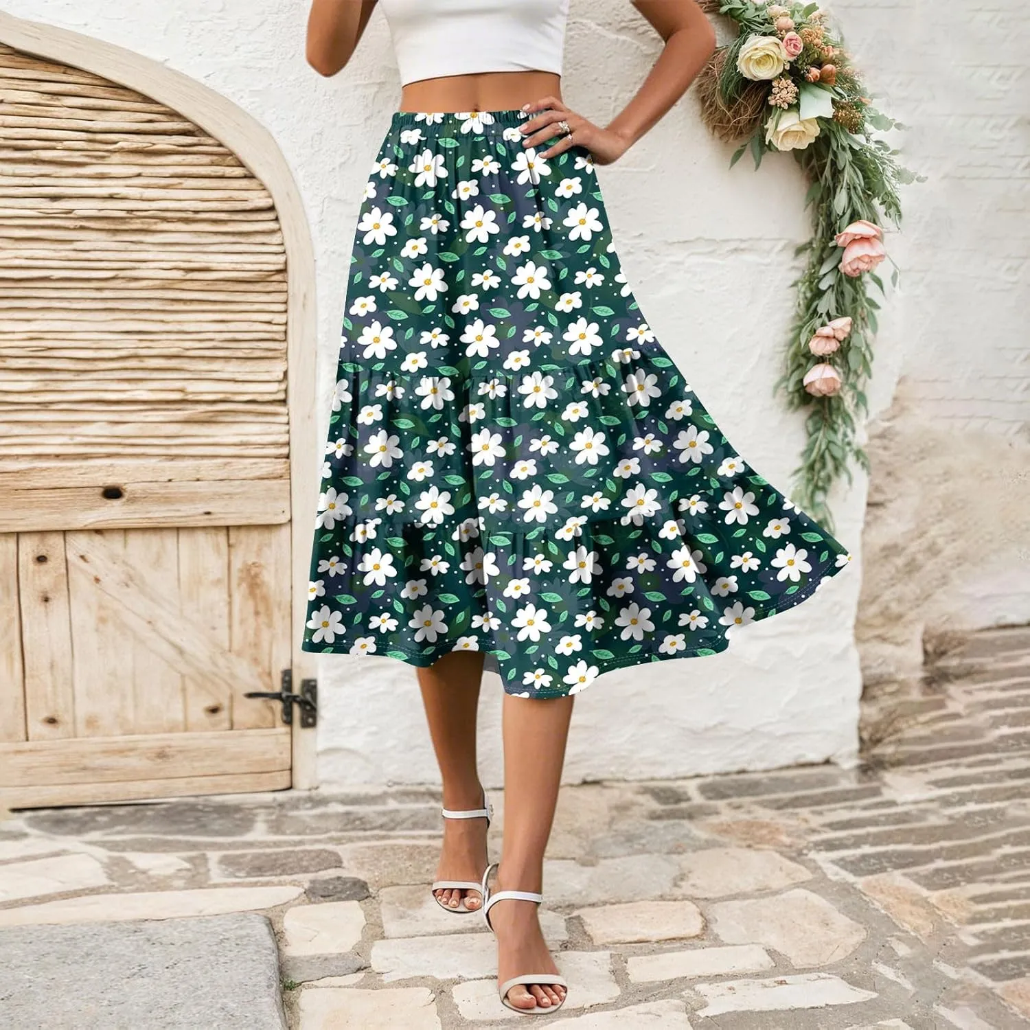 Women's Tiered Boho Floral Skirts midi Trendy 2025 high Elastic Waist a line Skirts Long Ruffle Flowy Vacation Skort