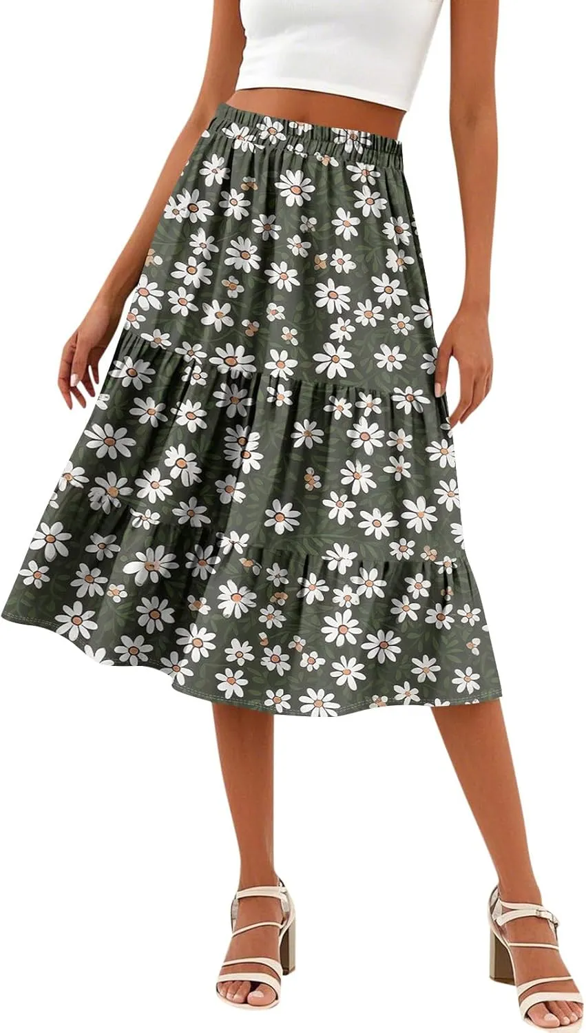 Women's Tiered Boho Floral Skirts midi Trendy 2025 high Elastic Waist a line Skirts Long Ruffle Flowy Vacation Skort