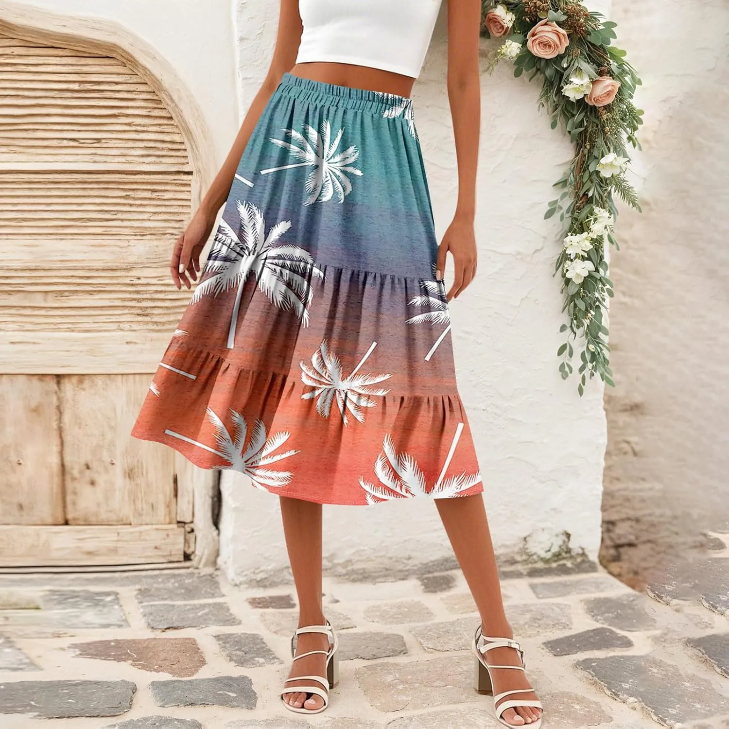 Women's Tiered Boho Floral Skirts midi Trendy 2025 high Elastic Waist a line Skirts Long Ruffle Flowy Vacation Skort