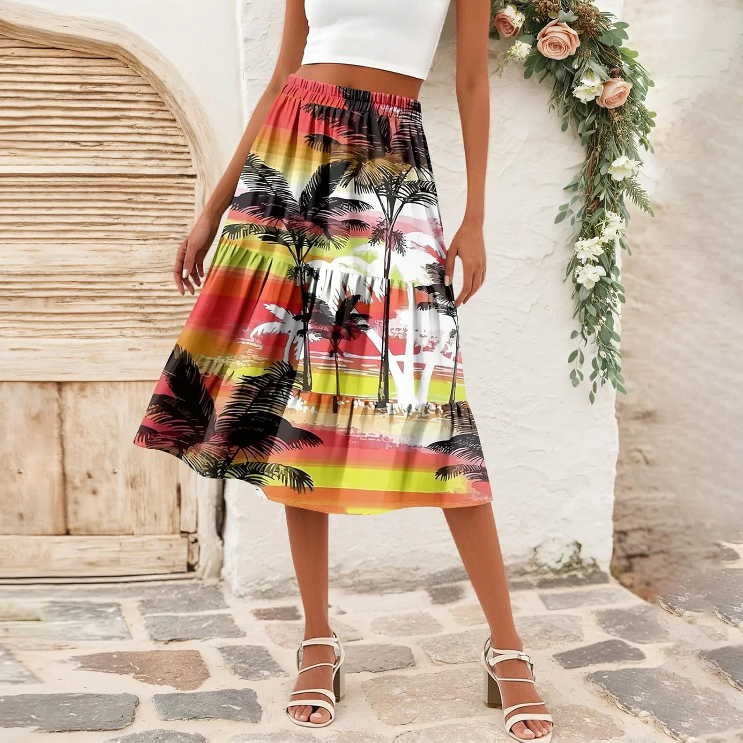 Women's Tiered Boho Floral Skirts midi Trendy 2025 high Elastic Waist a line Skirts Long Ruffle Flowy Vacation Skort