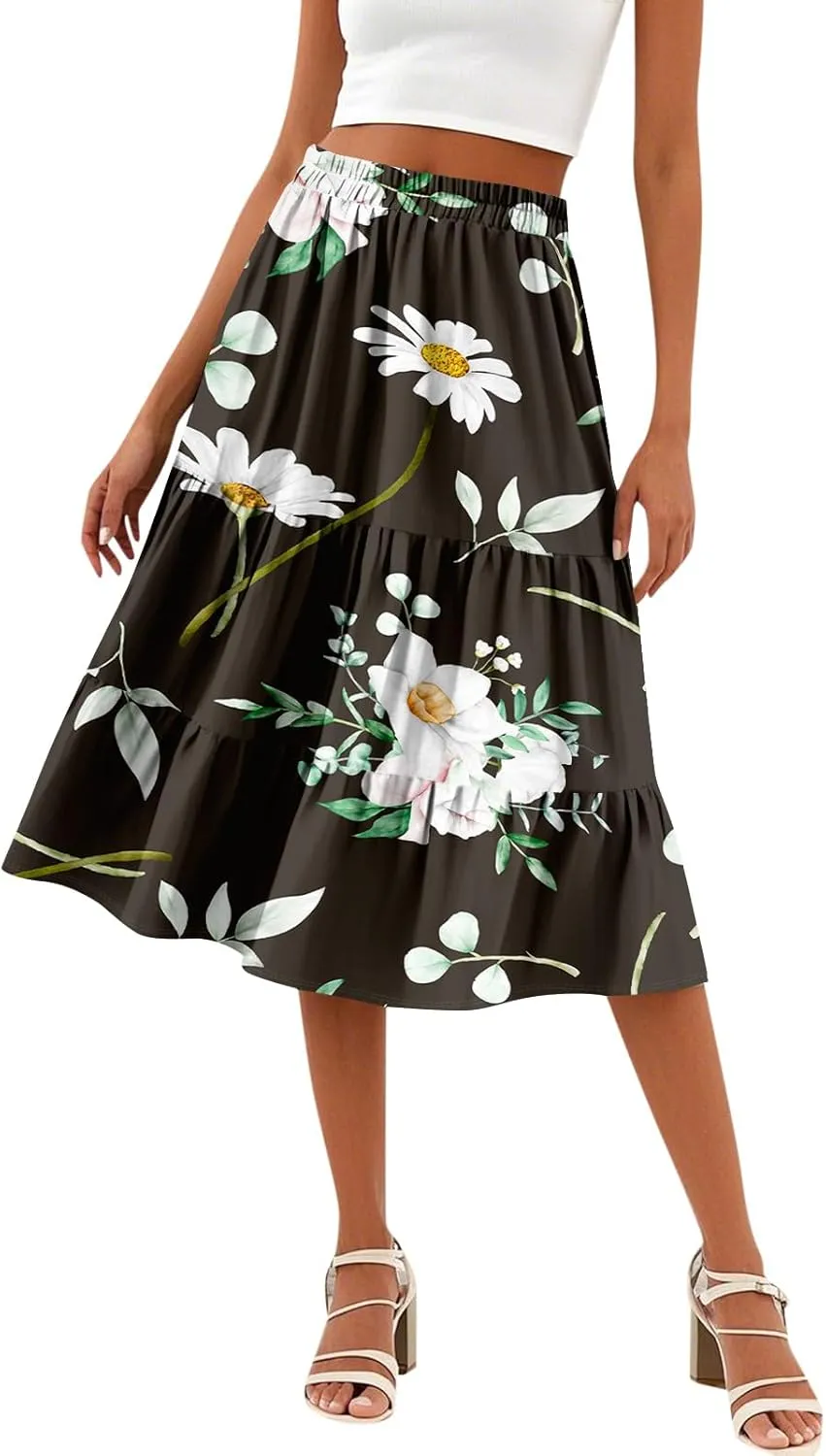 Women's Tiered Boho Floral Skirts midi Trendy 2025 high Elastic Waist a line Skirts Long Ruffle Flowy Vacation Skort